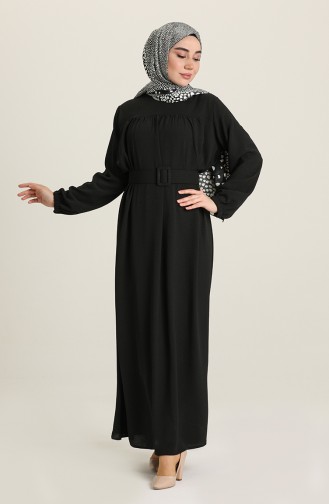 Robalı Kemerli Elbise 8177-01 Siyah