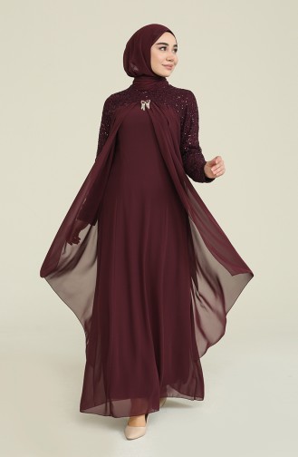 Brooch Detailed Chiffon Evening Dress 52651-09 Plum 52651-09