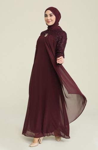 Brooch Detailed Chiffon Evening Dress 52651-09 Plum 52651-09