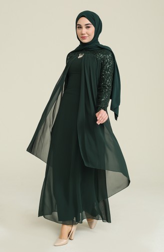 Brooch Detailed Chiffon Evening Dress 52651-08 Emerald Green 52651-08