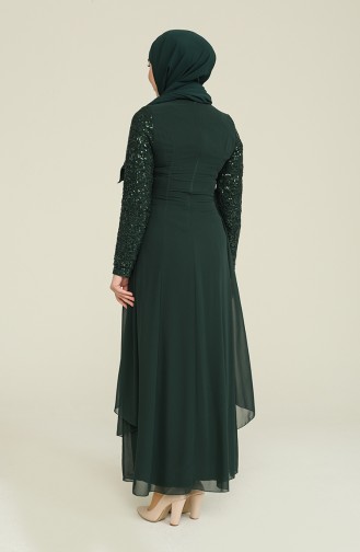 Brooch Detailed Chiffon Evening Dress 52651-08 Emerald Green 52651-08