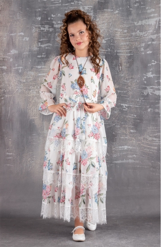 Uzun Kollu Şifon Kız Çocuk Elbise- Kolyeli TVD2203D-01 Pembe