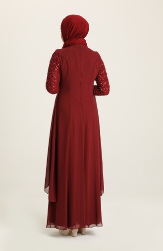 Robe de Soirée Mousseline Détail Broche 52651-07 Bordeaux Foncé 52651-07