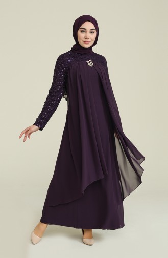 Brooch Detailed Chiffon Evening Dress 52651-10 Dark Purple 52651-10