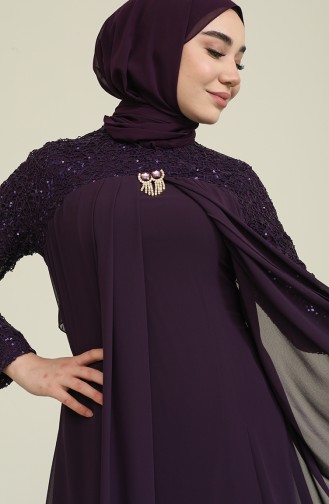 Brooch Detailed Chiffon Evening Dress 52651-10 Dark Purple 52651-10