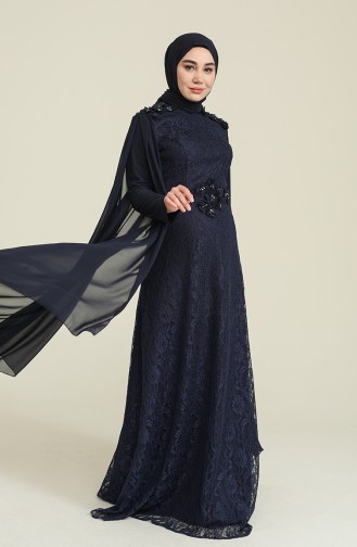 Navy Blue Hijab Evening Dress 7113-01