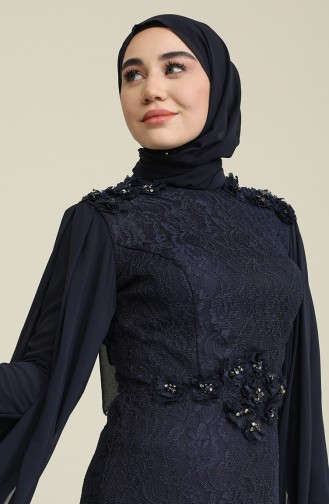 Navy Blue Hijab Evening Dress 7113-01