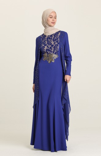 Lace Detailed Evening Dress 7004-02 Saxon Blue 7004-02