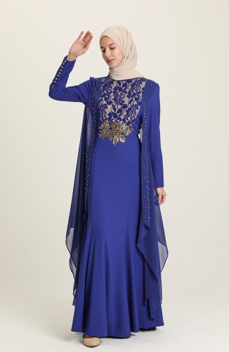 Lace Detailed Evening Dress 7004-02 Saxon Blue 7004-02