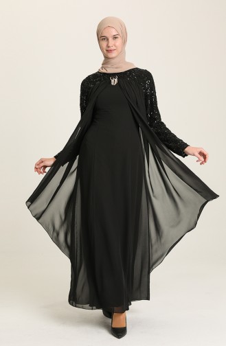 Broş Detaylı Şifon Abiye Elbise 52651-01 Siyah