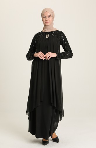 Chiffon Abendkleid mit Brosche 52651-01 Schwarz 52651-01