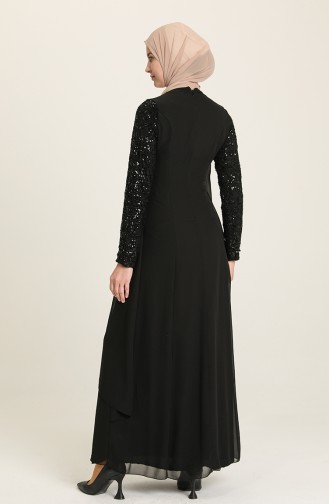 Robe de Soirée Mousseline Détail Broche 52651-01 Noir 52651-01