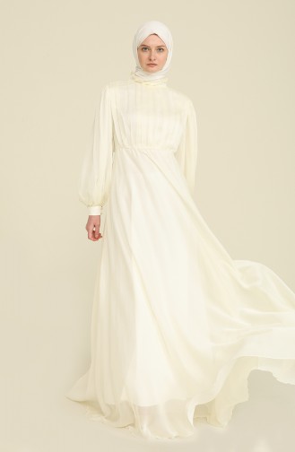 Cream Hijab Evening Dress 0043A-02