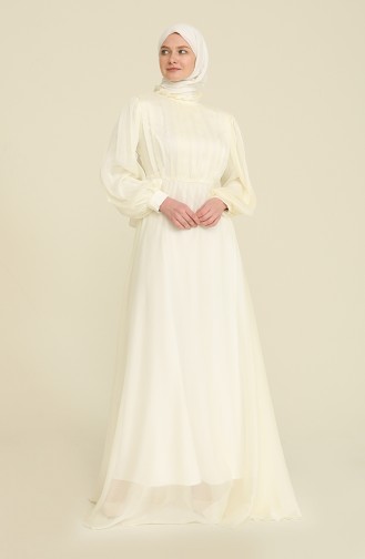 Cream Hijab Evening Dress 0043A-02