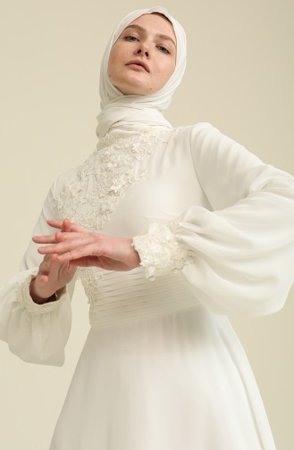 Ecru Hijab Evening Dress 0062-01