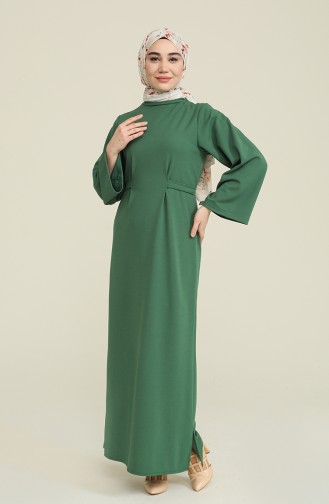 Bel Bağlamali Tesettür Elbise 8004-06 Zümrüt Yeşili