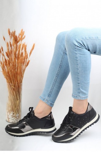 Siyah Taşlı Sneaker Kadın Spor Ayakkabı Jogging Siyah