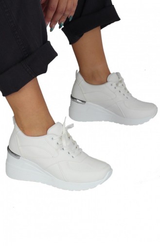Beyaz Dolgu Topuklu Sneaker Bağcıklı Spor Ayakkabı Pily Beyaz