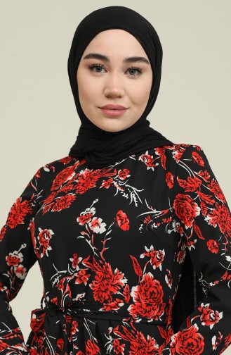 Çiçek Desenli Viskon Elbise 60224-02 Siyah Kırmızı