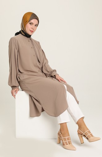 Düğmeli Uzun Tunik 1024-03 Vizon