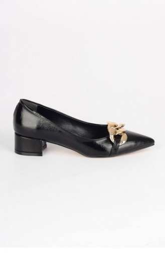 Siyah Kısa Topuklu Zincirli Stiletto Ayakkabı Tiny Siyah