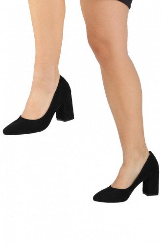 Siyah Süet Stiletto Kalın Topuklu Ayakkabı Erkly Siyah