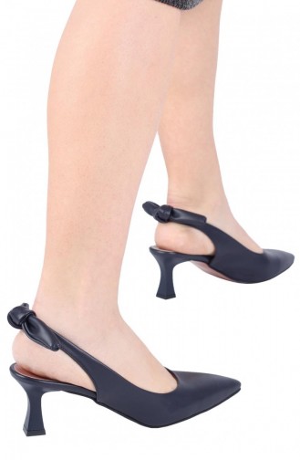 Lacivert Arkadan Fiyonklu Kısa Topuklu Stiletto Ayakkabı Minipony Lacivert