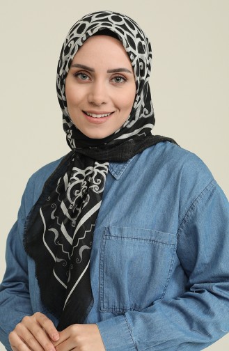 Desenli Flamlı Eşarp 13171-01 Siyah Ekru
