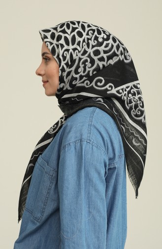 Desenli Flamlı Eşarp 13171-01 Siyah Ekru
