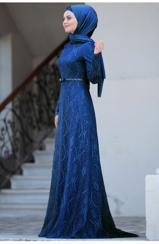 Saks-Blau Hijab-Abendkleider 1020-04