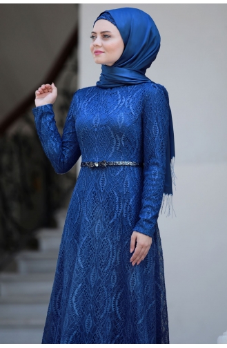 Saks-Blau Hijab-Abendkleider 1020-04