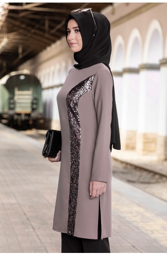 Ela Tunik Pantolon İkili Tesettür Takım AHN1004-06 Vizon