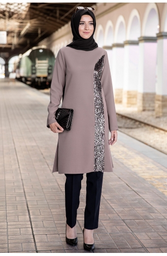Ela Tunik Pantolon İkili Tesettür Takım AHN1004-06 Vizon