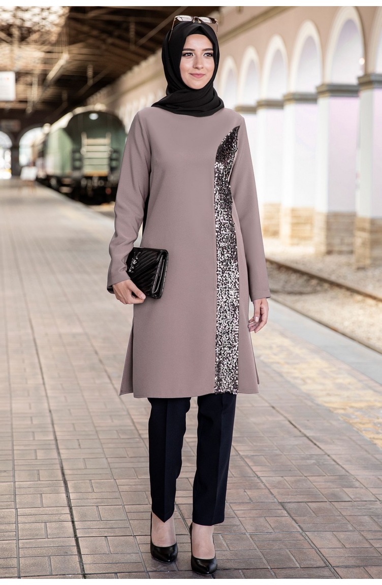 Ela Tunik Pantolon İkili Tesettür Takım AHN1004-06 Vizon