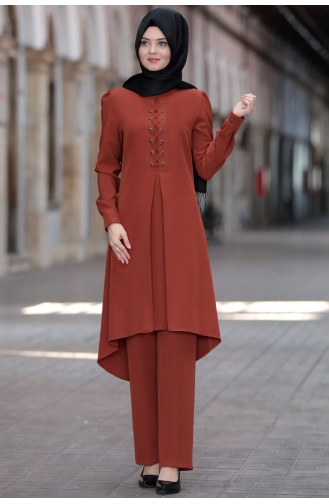 Mina Tunik Pantolon İkili Tesettür Takım AHU1012--03 Kiremit