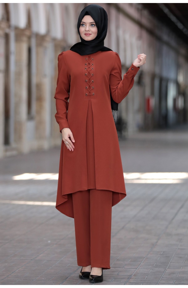 Mina Tunik Pantolon İkili Tesettür Takım AHU1012--03 Kiremit