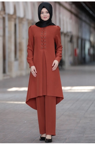 Mina Tunik Pantolon İkili Tesettür Takım AHU1012--03 Kiremit