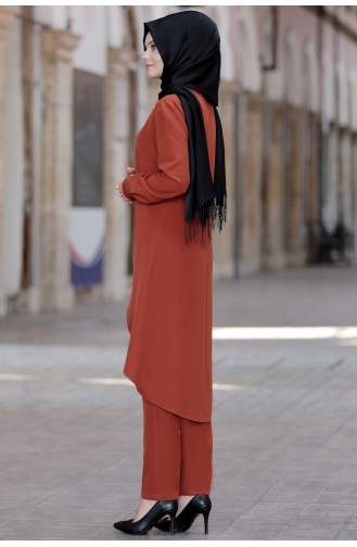 Mina Tunik Pantolon İkili Tesettür Takım AHU1012--03 Kiremit