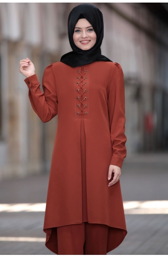 Mina Tunik Pantolon İkili Tesettür Takım AHU1012--03 Kiremit