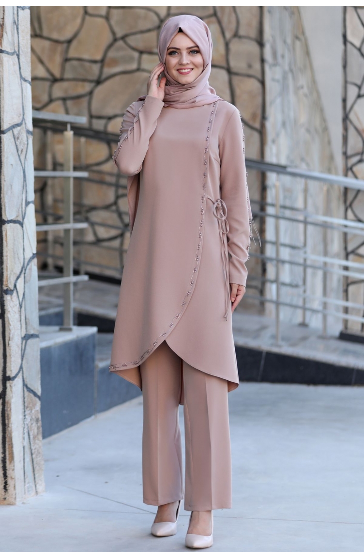 Nadide Tunik Pantolon İkili Tesettür Takım AHU1016-06 Vizon