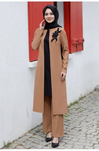 Zümra Tunik Pantolon İkili Tesettür Takım AHU1024-07 Taba