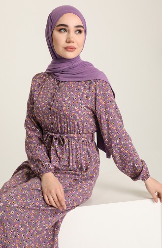 Çiçek Desenli Elbise 4066-04 Lila
