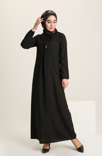 فستان بأكمام مطاطية مطوي بطية A أسود 4536-01