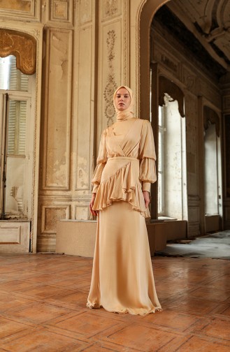 Beige Hijab Evening Dress 0098-03