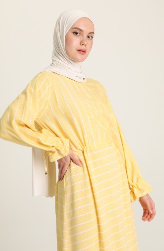 Çizgili Viskon Elbise 4500-06 Sarı