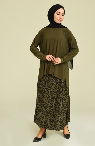 Sandy Leopar Desenli Bluz Etek İkili Takım 6004-01 Yeşil