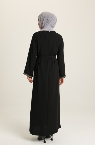 Taş Şeritli Kuşaklı Elbise 3296-08 Siyah
