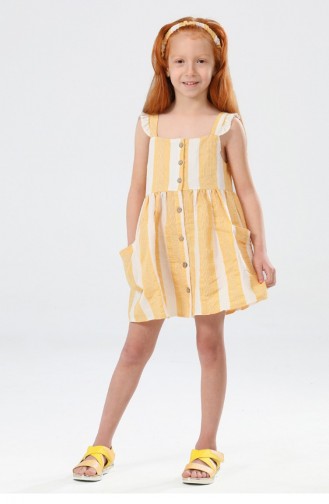 Buttoned Önden Düğmeli Mini Kız Elbise Ve Saç Bandı Sarı Çizgili