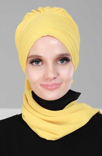 Çapraz Dikim Fularlı Tasarım Şifon Hazır Türban Sarı Ht 48 Sarı