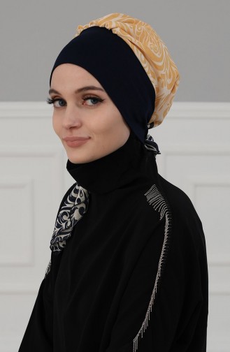 Desenli Şifon Hazır Türban Lacivert Lacivert Sarı Ht 65D Lacivert Lacivert Sarı